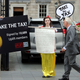 Protesters against Apple’s tax avoidance strategies outside the Parliament of Ireland in Dublin on September 2, 2016.
